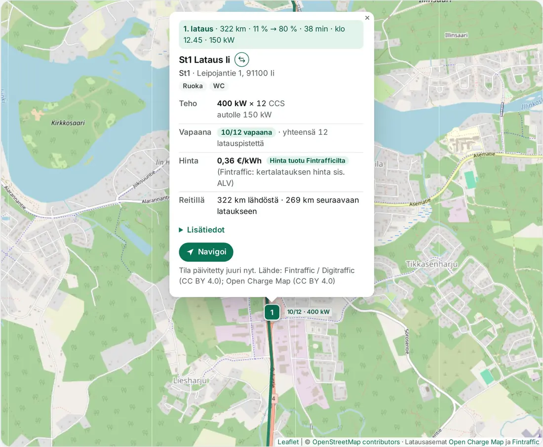 Kartan tietoikkuna: St1 Lataus Ii, 400 kW × 12, 10/12 vapaana, 0,36 €/kWh Fintrafficilta, palvelut ruoka ja WC