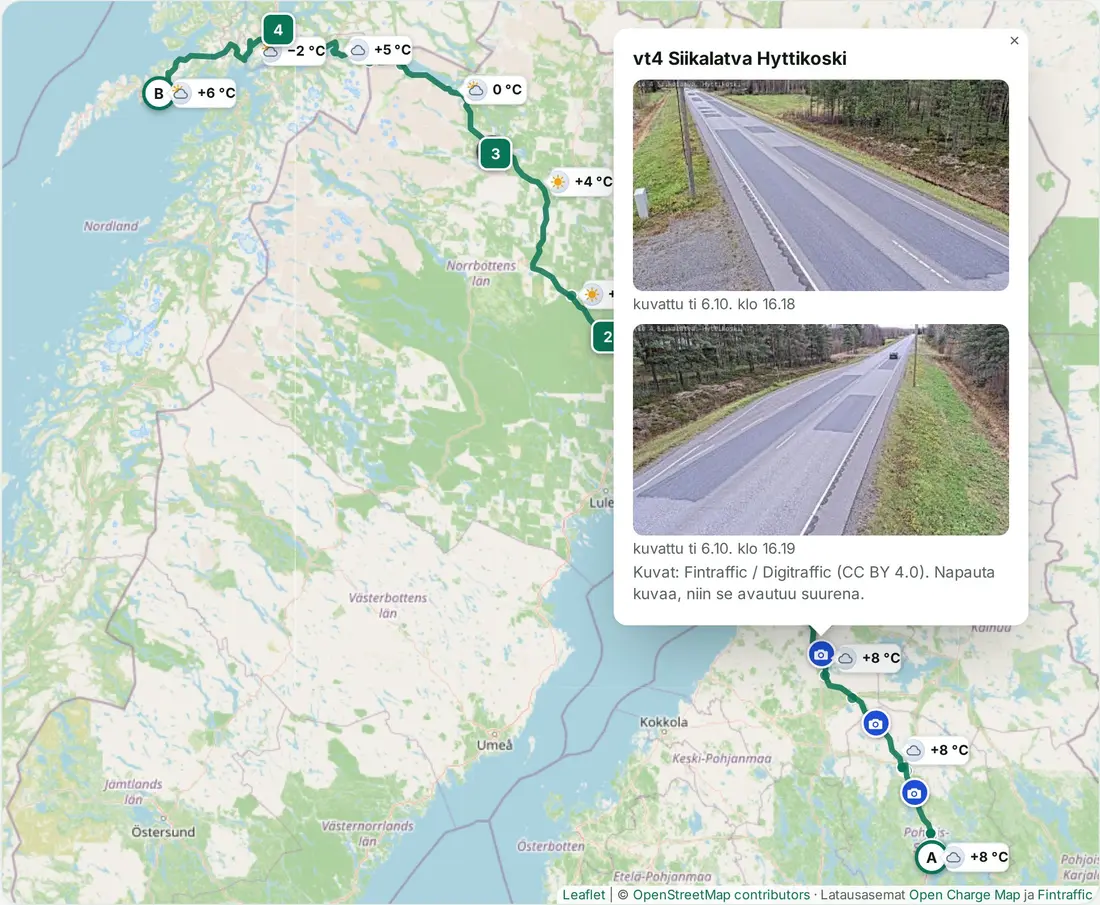 Kartta: reitti Lappiin, sääennusteet ohitushetkellä, kelikamerat ja avattu kelikamera kahdella kuvakulmalla