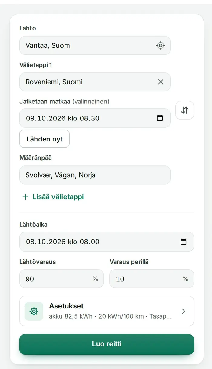 Reittilomake: lähtö Vantaa, välietappi Rovaniemi, jatketaan matkaa seuraavana päivänä klo 8.30, määränpää Svolvær, lähtöaika klo 8.00 ja Luo reitti -nappi