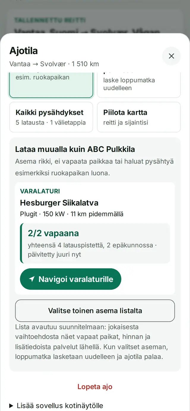 Vaihda asema: varalaturi Hesburger Siikalatva (2/2 vapaana), Navigoi varalaturille ja Valitse toinen asema listalta