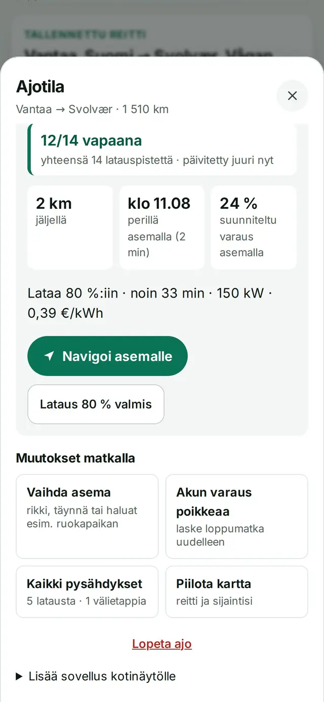 Asemalla: 2 km jäljellä, Lataus 80 % valmis -nappi ja Muutokset matkalla