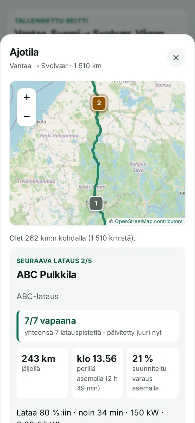 Kuittauksen jälkeen: kartalla ladattu asema harmaana, seuraava lataus 2/5 ABC Pulkkila, 243 km jäljellä