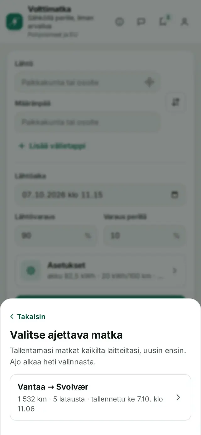 Valitse ajettava matka: Vantaa → Svolvær, 1 532 km, 5 latausta