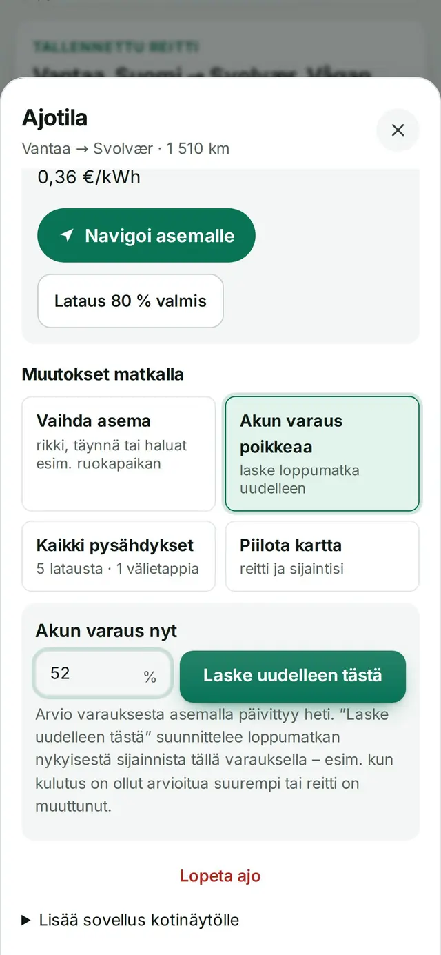 Akun varaus nyt 52 % ja Laske uudelleen tästä -nappi