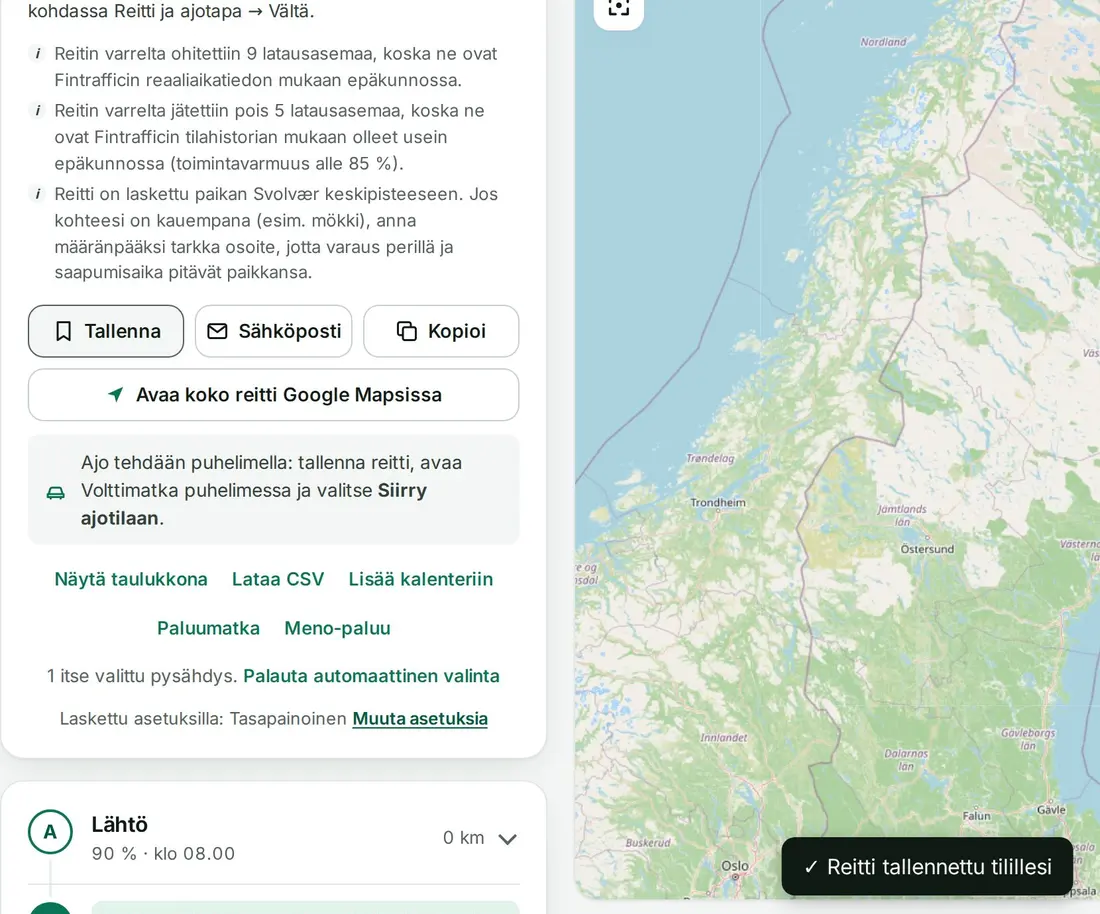 Tallenna-, Sähköposti- ja Kopioi-napit, Avaa koko reitti Google Mapsissa, ohje ajaa matka puhelimella ja ilmoitus Reitti tallennettu tilillesi