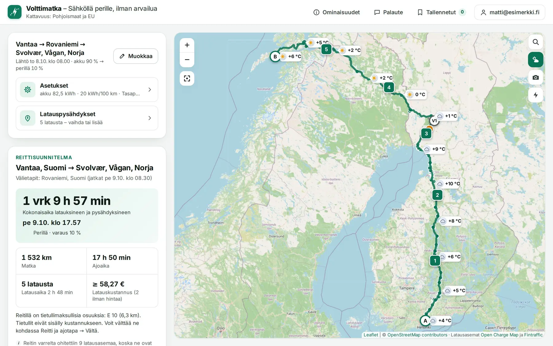Valmis suunnitelma: kokonaisaika 1 vrk 9 h 57 min, 1 532 km, 5 latausta, ja kartalla reitti Vantaalta Lofooteille pysähdyksineen