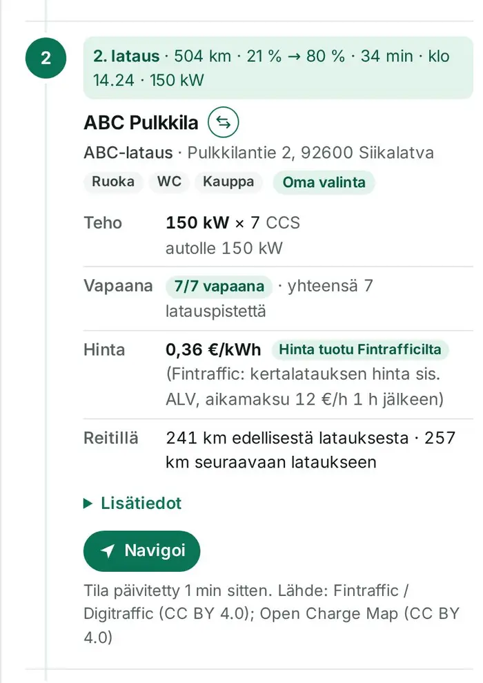 2. lataus ABC Pulkkila merkinnällä Oma valinta: 150 kW × 7, 7/7 vapaana, 0,36 €/kWh Fintrafficilta